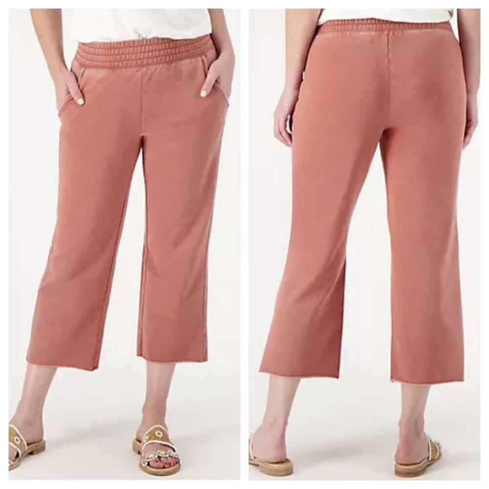 AnyBody Beach Wash French Terry Solid Cropped Pant Clay Size 1X